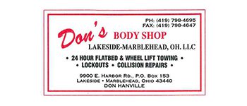 Don's Body Shop business card information.