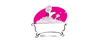 Dog in bathtub with pink background.