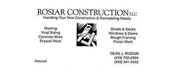 Rosiar Construction LLC business card with contact information.