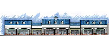 Blue-roofed commercial building illustration.