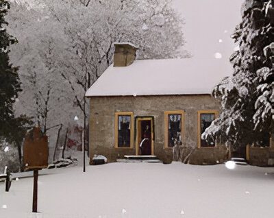 Snow-covered house with trees in winter.