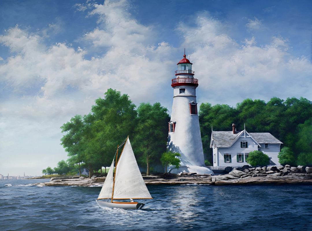 Sailboat near lighthouse on a sunny day.