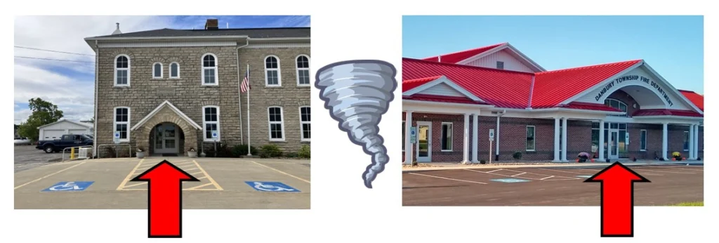 Tornado shelter instructions with building images.