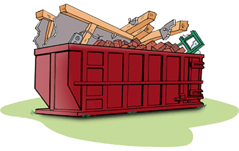 Red dumpster filled with construction debris.