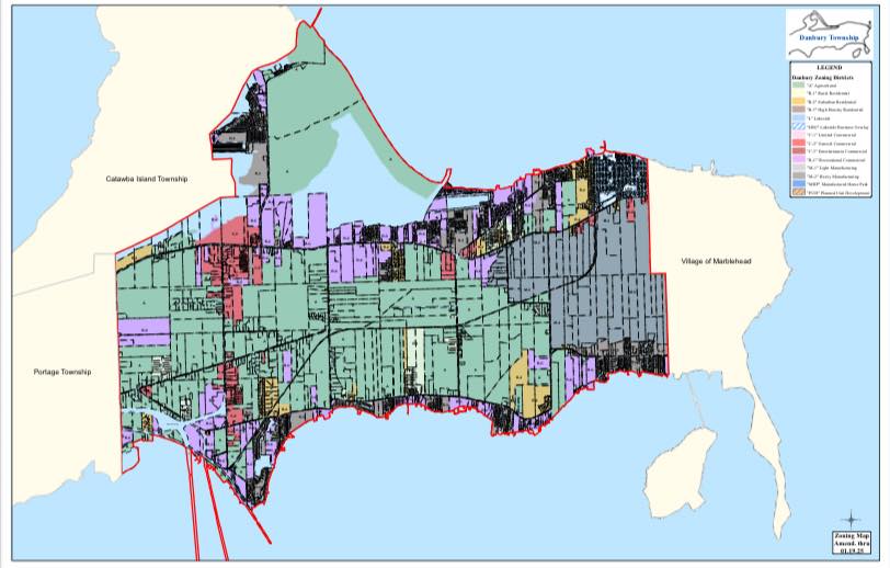 Danbury Township Zoning Map with property lines and variety of colored zoning districts.