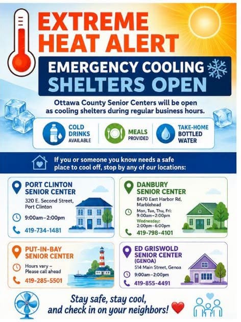 Extreme Heat Alert Flyer announcing local Senior Centers at Cooling Centers week of June 29, 2026