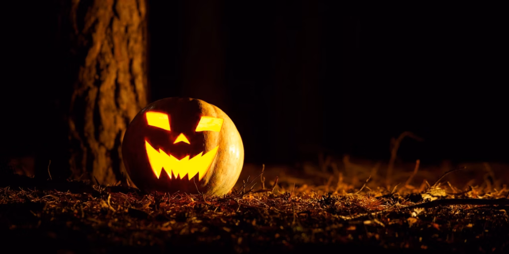 Jack o lantern on a trail lit up at night