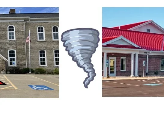 Tornado shelter instructions with building images.