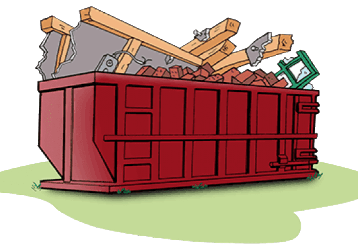Red dumpster filled with construction debris.